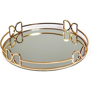 Elegant Gold Metal <b>Mirrored</b> Vanity <b>Tray</b> <b>With</b> Distinctive Butterfly Handles Round Decorative Glass Serving <b>Tray</b> Home Decor - Product Image 1