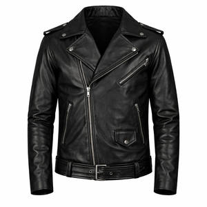 Veste en cuir noire pour homme, style motard, fermeture éclair asymétrique, coupe ajustée, manteau d'hiver - Product Image 1