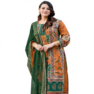 Ready Made 3-Piece Muslin <b>Suit</b> with Full Heavy <b>Fancy</b> Real Mirror Hand Work Dupatta Salwar Kameez <b>Fancy</b> Lace Dupatta Party Wear - Product Image 1