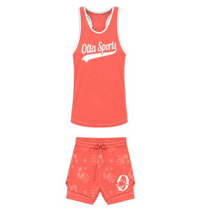 Coral Red White <b>Swim</b> Set Sleeveless Racerback Tank <b>Top</b> with Matching Shorts Lightweight Quick Dry Training Performance Swimwear - Product Image 1