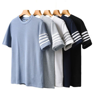 Camiseta con Logotipo Bordado para Hombre, Manga Corta con Diseño de Rayas, Tejido Waffle, Estilo Holgado y Resistente, con Diseño en Blanco - Product Image 1