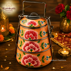 Traditional Indian Hand Painted Multi Color Non Electric Stainless Steel <b>Lunch</b> <b>Box</b> >3 Tiers 0-1L Capacity Office Picnic Personal - Product Image 2
