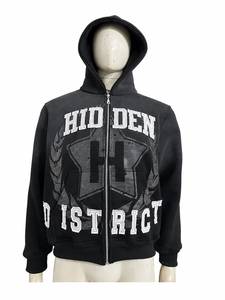 Sudadera con capucha vintage de corte holgado y cremallera completa, con lavado ácido y aplique de estampado digital de calavera, para ropa urbana gótica personalizada - Product Image 1