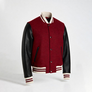 Eco Friendly Custom Embroidered Sustainable Varsity <b>Jacket</b> Green Wool Blend Brown <b>Leather</b> Sleeves Striped Rib Unisex - Product Image 1