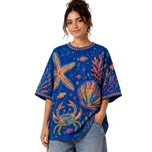 เสื้อยืดโอเวอร์ไซส์สีน้ำเงินกรมท่าสำหรับผู้หญิง พิมพ์ลายมหาสมุทรสีสันสดใส สไตล์ลำลอง ผ้าฝ้าย สตรีทแวร์ ใส่สบายช่วงฤดูร้อน ทรงหลวม รับผลิตตามสั่ง ขายส่ง - Product Image 1