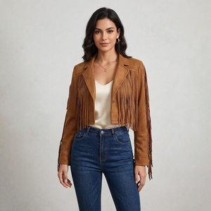 Women's Brown Fringed <b>Blazer</b> Turn-Down Collar Full Sleeve Short Length Autumn Wear - Product Image 4