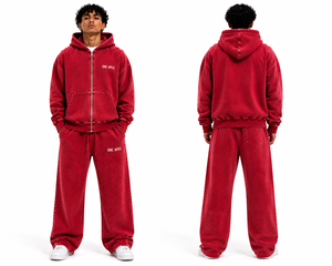 Ensemble de survêtement streetwear pour homme personnalisé, en coton épais, comprenant un sweat à capuche zippé oversize rouge délavé à l'acide - Product Image 5