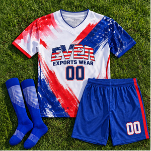 Uniforme de Fútbol Rojo Blanco Azul, Jersey de Fútbol Sublimado, Pantalones Cortos, Calcetines, Conjunto de Fútbol con Estampado Personalizado, Logotipo Personalizado, Ropa Deportiva de Equipo - Product Image 4