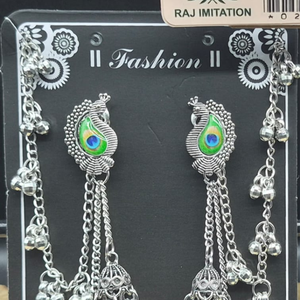 Indian <b>Silver</b> Plated Peacock Teardrop Jhumka <b>Earrings</b> Long <b>Chain</b> Mini Dome Bell Kaan <b>Chain</b> Jewelry Wholesale Set - Product Image 1