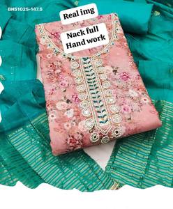 Ensemble pantalon et veste prêt-à-porter en coton Banarasi de qualité supérieure avec imprimé floral numérique et décolleté brodé à la main - Fournisseur indien - Product Image 5