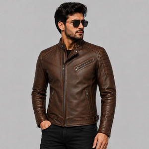 Blouson moto homme en cuir véritable marron, col montant, fermeture éclair, coupe ajustée, style motard, pour l'automne - Product Image 1