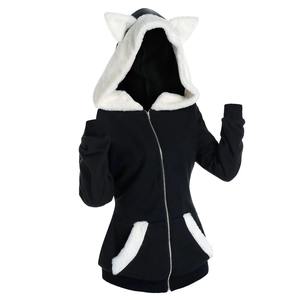 Sudadera con Capucha para Mujer, Transpirable, Larga, para Otoño e Invierno, con Bloques de Color, Orejas de Gato, Cierre de Cremallera, Forro Polar Grueso, con Bolsillos, Personalizable - Product Image 4