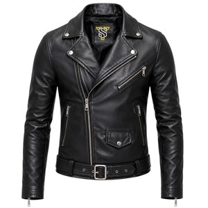 Veste de motard en cuir véritable pour homme SANDRA TRADERS, coupe ajustée, col montant, fermeture éclair, ceinture, respirante, pour l'hiver - Product Image 1