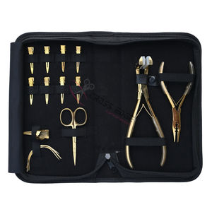 Kit d'outils tout-en-un pour extensions de cheveux dorées : Pince à micro-perles, Pince pour extensions adhésives, Ciseaux à fil, Aiguilles courbées, Pinces - Product Image 6