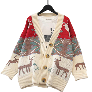 Cárdigan de punto coreano navideño para mujer, 100% lana, forro polar, manga larga, con botones, diseño de reno y copo de nieve, suéter tipo abrigo, muestra gratuita - Product Image 5
