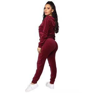Wine Red Velour Eco-Friendly Winter Tracksuit Two Piece Set Hooded <b>Joggers</b> Full Sleeve Solid Color Casual <b>Outfit</b> <b>Women</b> Plus Size - Product Image 2
