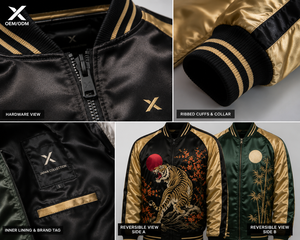 X Sports City Men's Satin Souvenir Varsity <b>Jacket</b> Embroidered Dragon Tiger Cherry Blossom Japanese Style Turn-Down Collar Zipper - Product Image 4