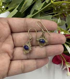 Natural Lapis Lazuli <b>Gold</b> Plated Vintage <b>Earrings</b> Handmade Brass Gemstone <b>Dangle</b> Drop <b>Earrings</b> Designer Jewelry for Women - Product Image 1