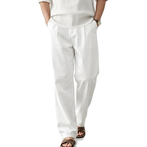 Pantalon d'été décontracté pour homme en lin tissé léger, taille mi-haute, uni, à braguette boutonnée, coupe ample, plissé, pour la plage et les sorties BD - Product Image 2