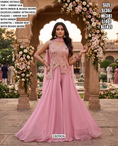 <b>Pink</b> Simar <b>Silk</b> Embroidered <b>Top</b> With Beads Work Floor-Length Palazzo Set Women Traditional Wedding Wear - Product Image 1