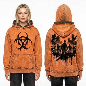 Sudadera con capucha rosa desgastada al por mayor para mujer, estilo oversize, vintage, con dobladillo deshilachado, estampado gráfico gótico de terror - Product Image 2