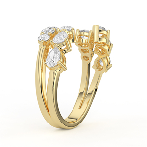 Bague Dramatic Vine Bypass en Or Jaune, Bande Fendue Asymétrique, Diamant Poire Rond, Grappe Botanique, Bijou Statement - Product Image 4