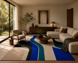 Tapis moderne abstrait en laine tuftée à la main avec envers en coton, luxueux bleu, noir, beige, tapis contemporain sur mesure - Product Image 2