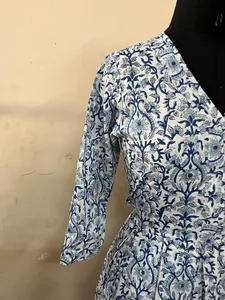 Bloque de mano impreso 100% algodón vestido indio túnicas largas con calcomanías bordadas estilo casual vestido de algodón indio - Product Image 3