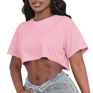 Crop tops pour femmes conçus par OEM, respirants, très tendance, coupe ample, t-shirt court à col rond en coton - Product Image 4