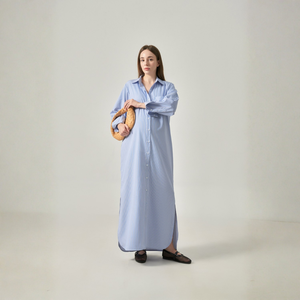 Robe longue en coton et polyester pour femme, boutonnée sur le devant, col rabattu, manches classiques, coupe ample, style décontracté et minimaliste respirant - Product Image 1