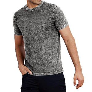 T-shirt en coton délavé coupe ajustée pour homme, manches courtes, col rond, couleur unie, tricot jersey décontracté - Product Image 2