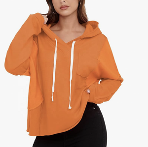 <b>Women's</b> Full Sleeve <b>V</b>-<b>Neck</b> Waffle Knit Patchwork Hoodie Oversized Pullover <b>Sweatshirt</b> in Streetwear Style for Autumn/Winter - Product Image 6