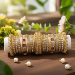 Gold Plated Crystal Stone Pearl <b>Bangle</b> <b>Set</b> - Product Image 3