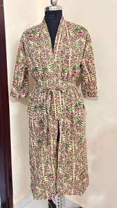 ชุดคลุมอาบน้ำผ้าฝ้ายยาวหรูหราสำหรับผู้หญิง คิโมโนลายดอกไม้สไตล์อินเดีย ตกแต่งด้วยลูกไม้ ชุดนอนสุดหรู - Product Image 2