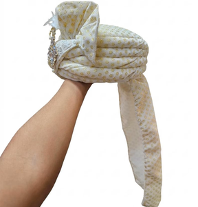 Turbante Blanco Dorado para Boda Real, Pre-Atado, Pagri Indio para Novio, Safa para Hombre, Tocado Nupcial Tradicional con Diseño Elegante - Product Image 4