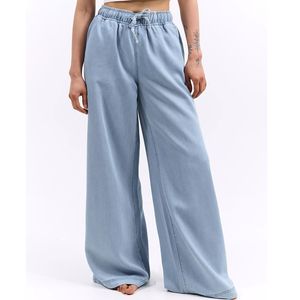 Nuevos Jeans de Mezclilla de Pierna Ancha Azul Claro para Mujer, Diseño ODM de Moda, Pantalones Casuales con Cintura Elástica, Venta al Por Mayor Personalizada - Product Image 5
