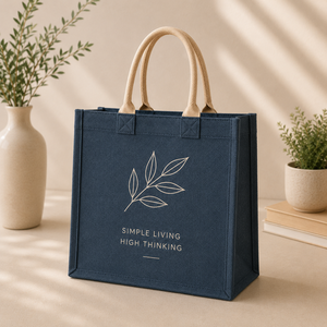 Navy Blue Cotton Canvas Tote Bag Minimalist Leaf Print Simple Living High <b>Thinking</b> Twisted Rope Handles Everyday Carry - Product Image 1