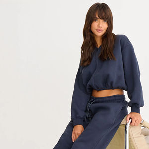 Ensemble de survêtement personnalisé pour femme : sweat à capuche court et pantalon à cordon de serrage, bleu marine, tenue décontractée, vêtements de sport athlétiques, ensemble deux pièces - Product Image 1