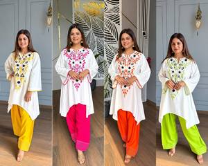 Ensemble Salwar Farshi Brodé en Crêpe Naturel Entièrement Cousu, Haut Infroissable et Extensible pour Toutes les Occasions Festives - Vente en Gros - Product Image 2