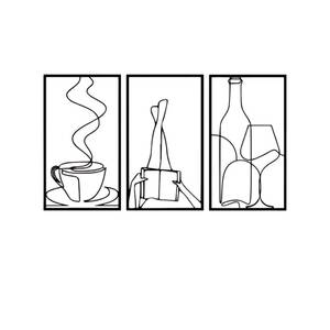 Juego de 3 Adhesivos Decorativos de Pared con Diseño de Líneas Metálicas Negras, Taza de Café, Libro, Botella de Vino, Minimalista, Moderno, para Decoración del Hogar - Product Image 1
