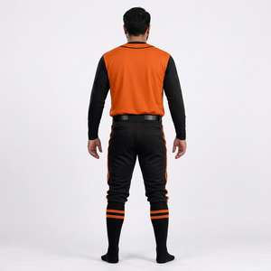 Ensemble uniforme de baseball pour hommes, orange et noir, maillot à manches courtes et pantalon, respirant, antibactérien, col en V, coupe classique, toutes saisons - Product Image 2