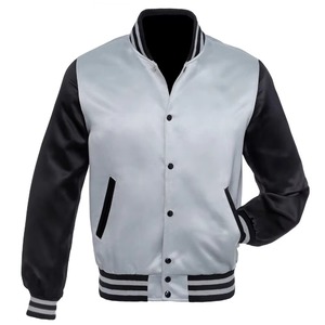 Silver Grey Black Satin Varsity <b>Jacket</b> Custom Snap Button Baseball <b>Jacket</b> Premium Streetwear Manufacturer - Product Image 1