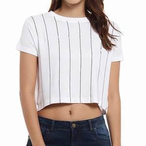 Camiseta Corta de Algodón 100% para Mujer, con Rayas, Cuello Redondo, Manga Corta, Estilo Casual de Verano, con Logotipo Personalizado, Estilo Urbano, Corte Regular - Product Image 1