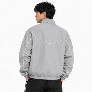 Custom Gray Stand Collar Lightweight <b>Track</b> <b>Jacket</b> with Contrast Piping OEM Casual Breathable Polyester Windbreaker <b>Men's</b> <b>Jackets</b> - Product Image 2