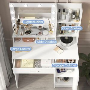 Specchio da Trucco con Luce a Luminosità Regolabile, Ampio Cassetto e Tre Livelli di Stoccaggio, 3 Modalità di Illuminazione per Uso in Camera da Letto - Product Image 4