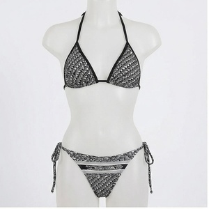 Conjunto de bikini de 2 piezas con estampado geométrico para mujer, cuello halter, parte inferior con lazo lateral, traje de baño elástico - Product Image 1