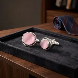 Designer Handmade Pink Cat's Eye Gemstone Cuff Links Set In 925 Sterling Silver Plated Jewellery Best For Wedding Gifting Favors - Product Image 3