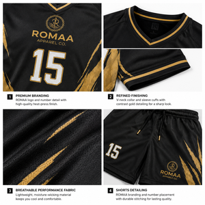 ชุดฟุตบอลสีดำทองแบบกำหนดเอง ชุดเสื้อและกางเกงฟุตบอลพรีเมียมแบบซับลิเมชั่น คอวี ชุดทีม OEM - Product Image 3