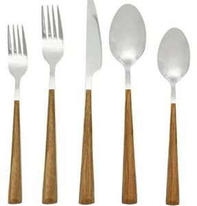 Ensemble de couverts minimalistes en acier inoxydable avec manche en bois, compatibles lave-vaisselle, fourchette, cuillère, couteau, vaisselle de mariage - Product Image 2