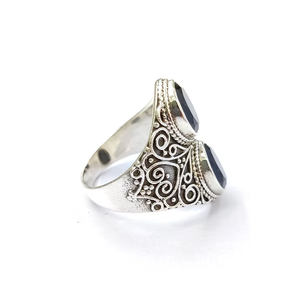 Antique Vertical Double <b>Black</b> Onyx Gemstone Vintage <b>Ring</b> - Handmade 925 Sterling Silver Cocktail Jewelry - Product Image 3